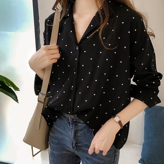 Pxiakgy Womens Long Sleeve Button Down Shirts Classic Work Blouse Stretch Formal Casual Dress Shirt Polka Dot Shirts for Women Shirts for Women Trendy Summer Blouses for Women Casual Black L