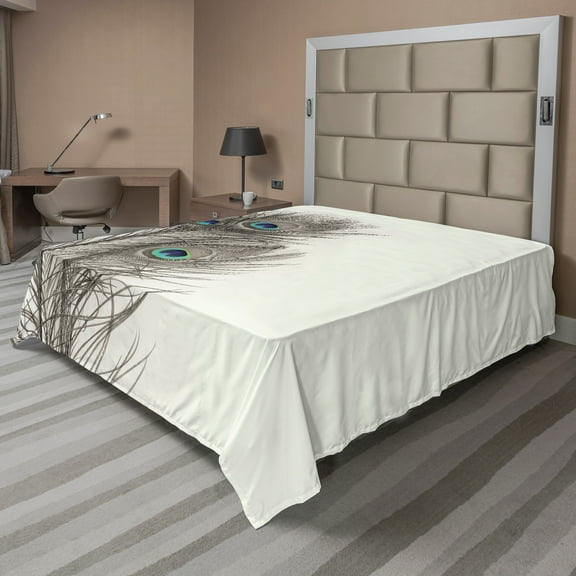 Ambesonne Peacock Flat Sheet, Feathers of Exotic Bird, California King, White Taupe and Blue