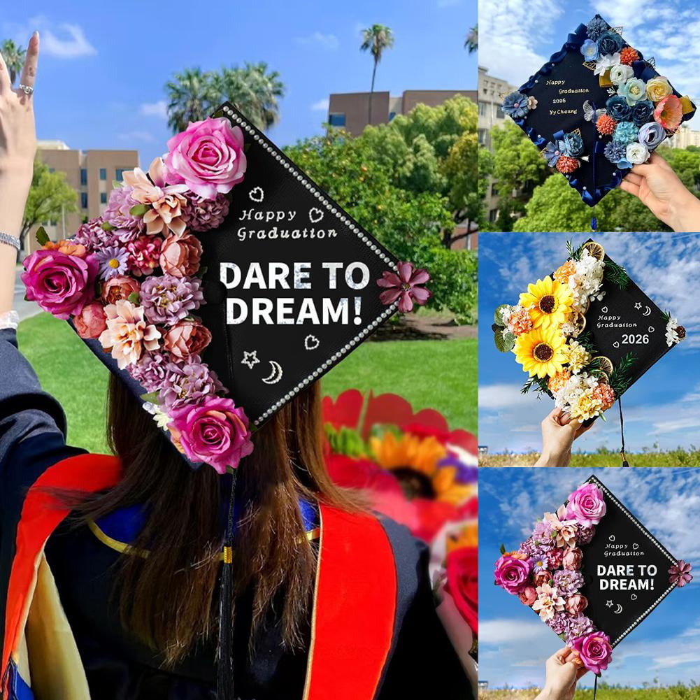DIY Graduation Decorations Accessory Kit,Include 3D Artificial Flowers,Butterfly & Alphabet Letter Stickers,Pearl Stickers,Bowknot for DIY Hat Grad Topper Graduation Party Supplies