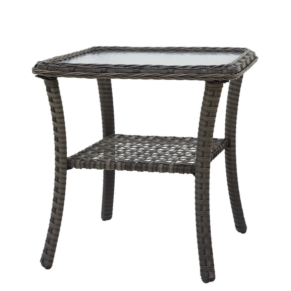 COOS BAY Patio Coffee Table Outdoor Wicker Rattan Side Table with Tempered Glass Top and 2-Tier Storage Shelf, Stonewash Gray