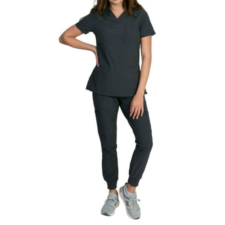 

Medgear Fleur Women s Stretch Scrub Set with Zip Pocket Top and Jogger Pants Heather Charcoal Large