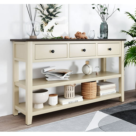 Royard Oaktree 50" Retro Console Table with 3 Drawers, 3-tier Wood Sofa Table with Storage Shelves