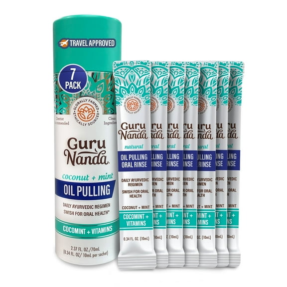 GuruNanda Cocomint Oil Pulling with Essential Oils & Vitamins D, E & K2 -Travel Mouthwash for Oral Care - 7 Sachets