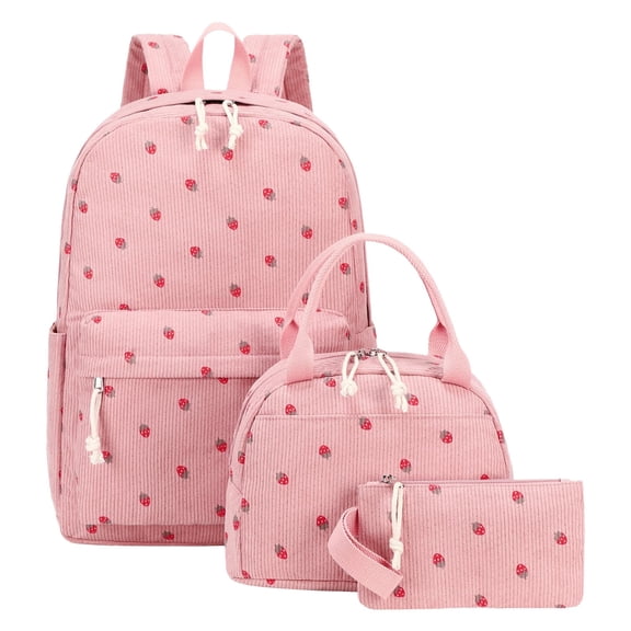3-Piece Corduroy Backpack Set, Bow Rucksack with Lunch Bag and Pencil Case, Lightweight Tear-Resistant Daypack for Travel and Commuting, 44x31x16cm (Pink Strawberry)