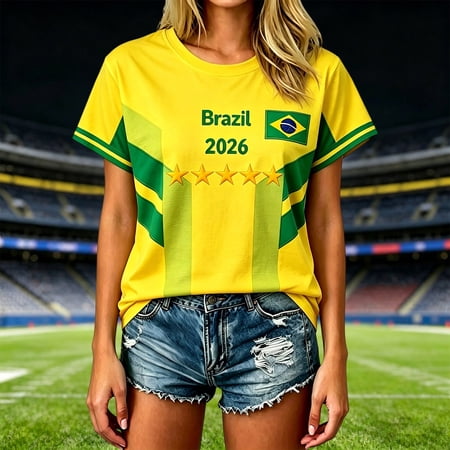 Trendfront Women's Brazil 2026 Letter Print Top Linear Graphic Short Sleeve Crew Neck Oversized Soccer Fan Active Workout Team Sporty Jersey Shirt