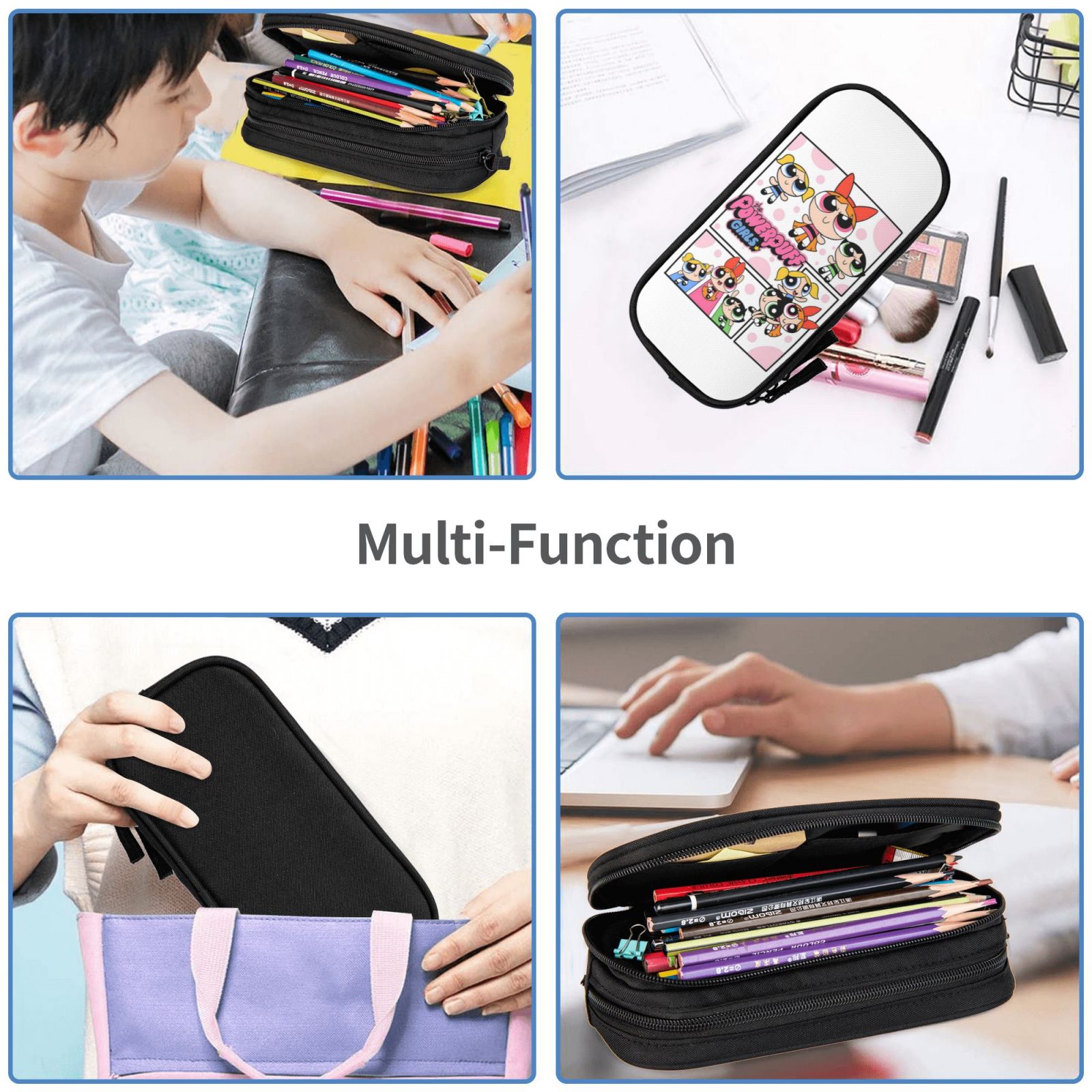 The Powerpuff Gi-rls Pencil Case Large Capacity Pencil Pouch Pen Bag Office Stationery Organizer Travel Makeup Bag Black