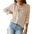 thumbnail image 4 of RYRJJ Womens Button Down Shirts Striped Classic Long Sleeve Collared Office Work Blouses Tops with Pocket(Khaki,M), 4 of 8