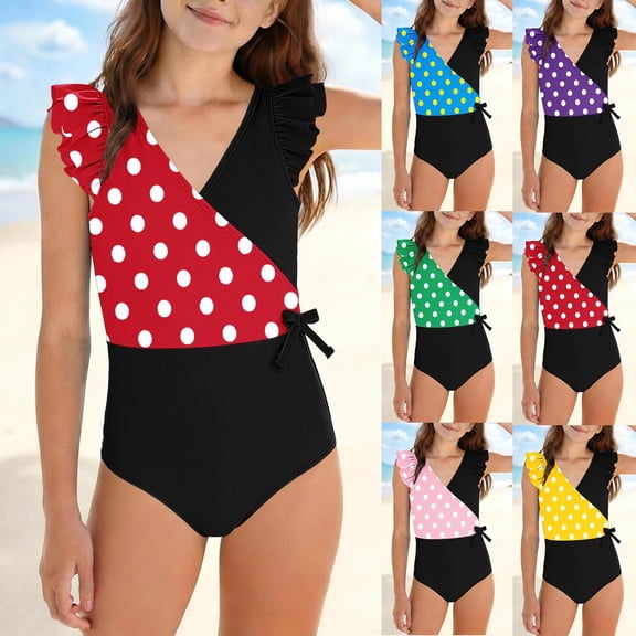 qolati Girls One-Piece Swimsuit Cute Ruffle Color Block Bathing Suit Tween Quick Dry Full Coverage Beach Swimwear Size 7-16 Years