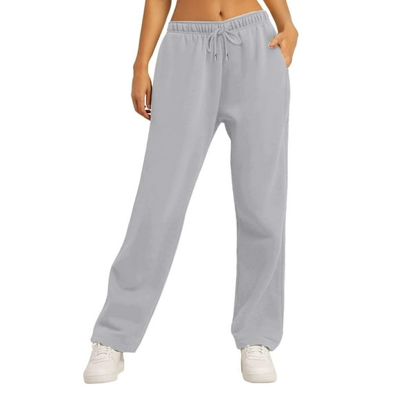 Women's Fleece Wide Leg Sweatpants Winter Warm Thermal Straight Leg Sweat Pants with Pockets Light Gray L