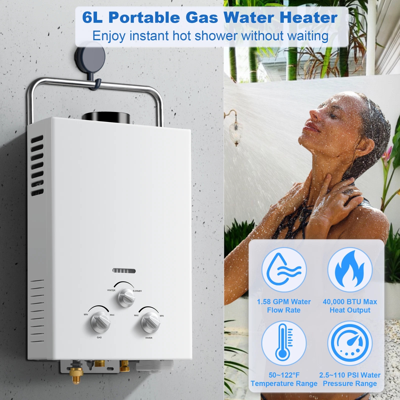 Outdoor Propane Tankless Water Heater - 6L 1.58 GPM Portable Gas Water Heater for RV Cabin Camping with Handle