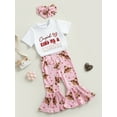 thumbnail image 3 of Seyurigaoka Baby Girls Summer Outfits Letters Print Short Sleeve T-shirt and Casual Cow Head Print Flare Pants with Headbands Sets, 3 of 7