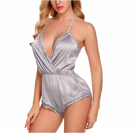Summer Savings Clearance! STETMN Satin Pajamas Women Lace Sleepwear Lingerie Cami Shorts Set Nightwear Gray M