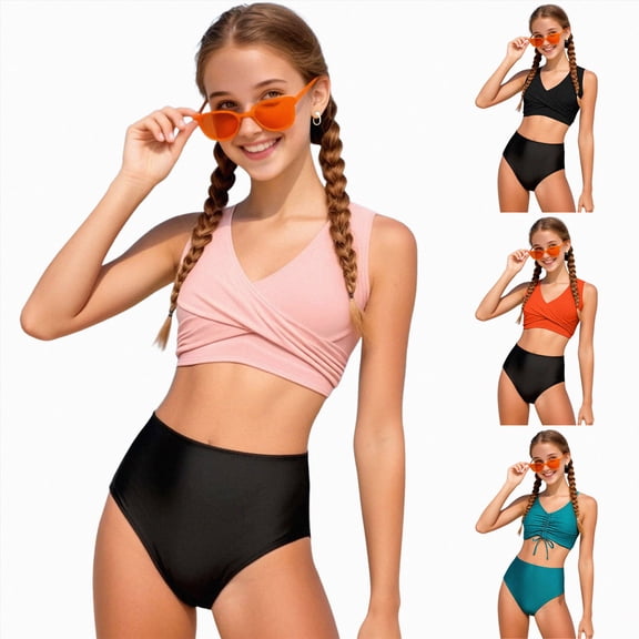 Splozh Teen Girls Swimsuits 2 Piece Cute Bikini Sets for 3-14 Years, Bathing Suits for Teens Tween Girls Summer Beach Swimming Black,9-10 Years