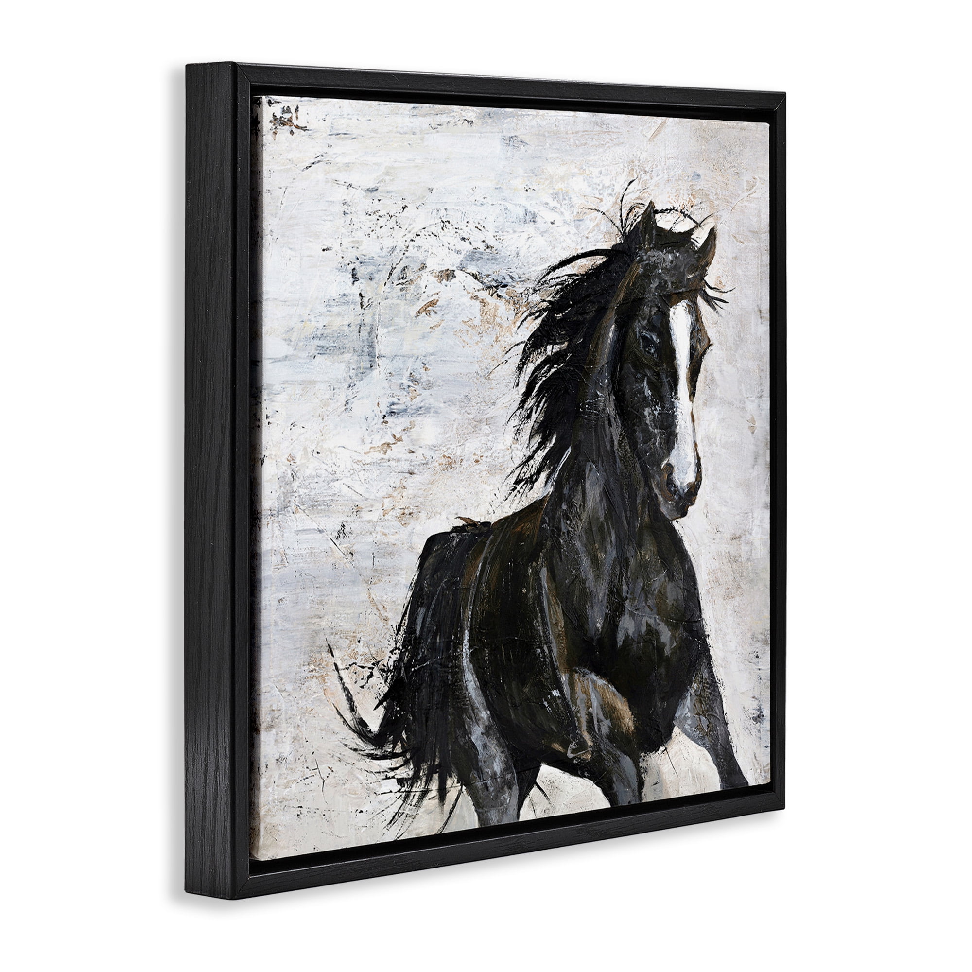 Stupell Industries Wild Black Horse Galloping Animals & Insects Painting Black Floater Framed Canvas Art Print Wall Art, 25 x 25