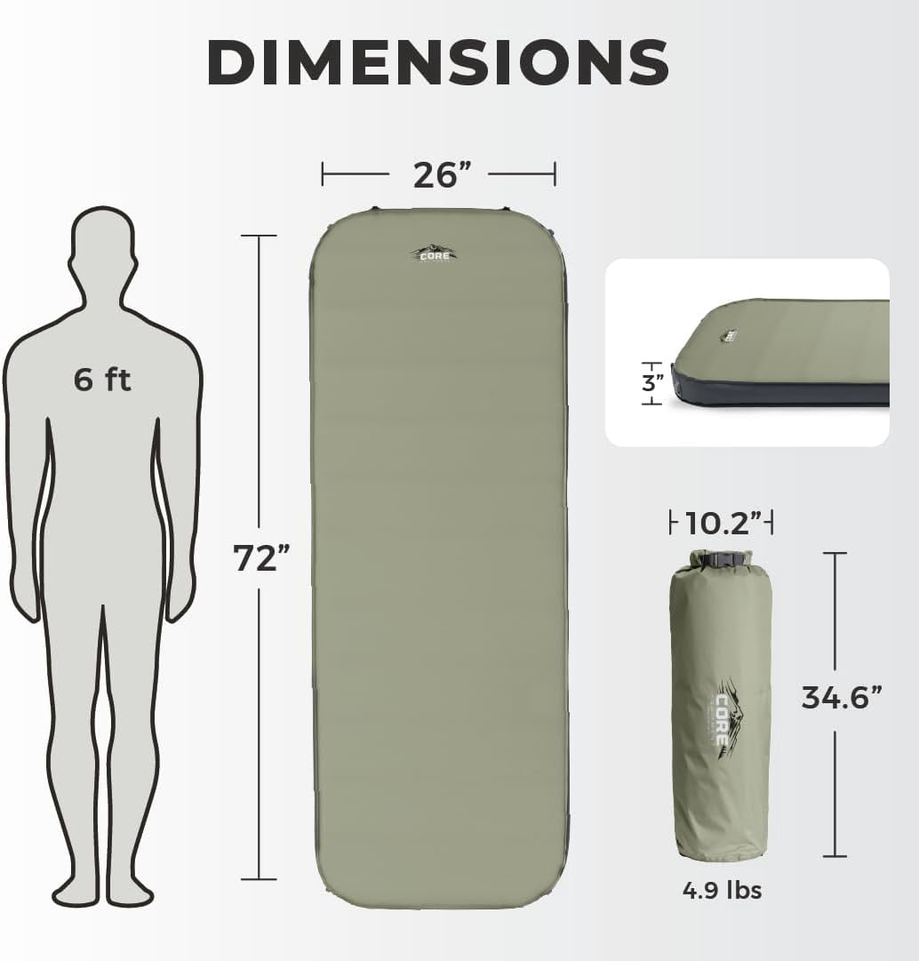 CORE 4 Season Regular Self Inflating Camping Bed, Blow Up Mattress, 4.95lbs