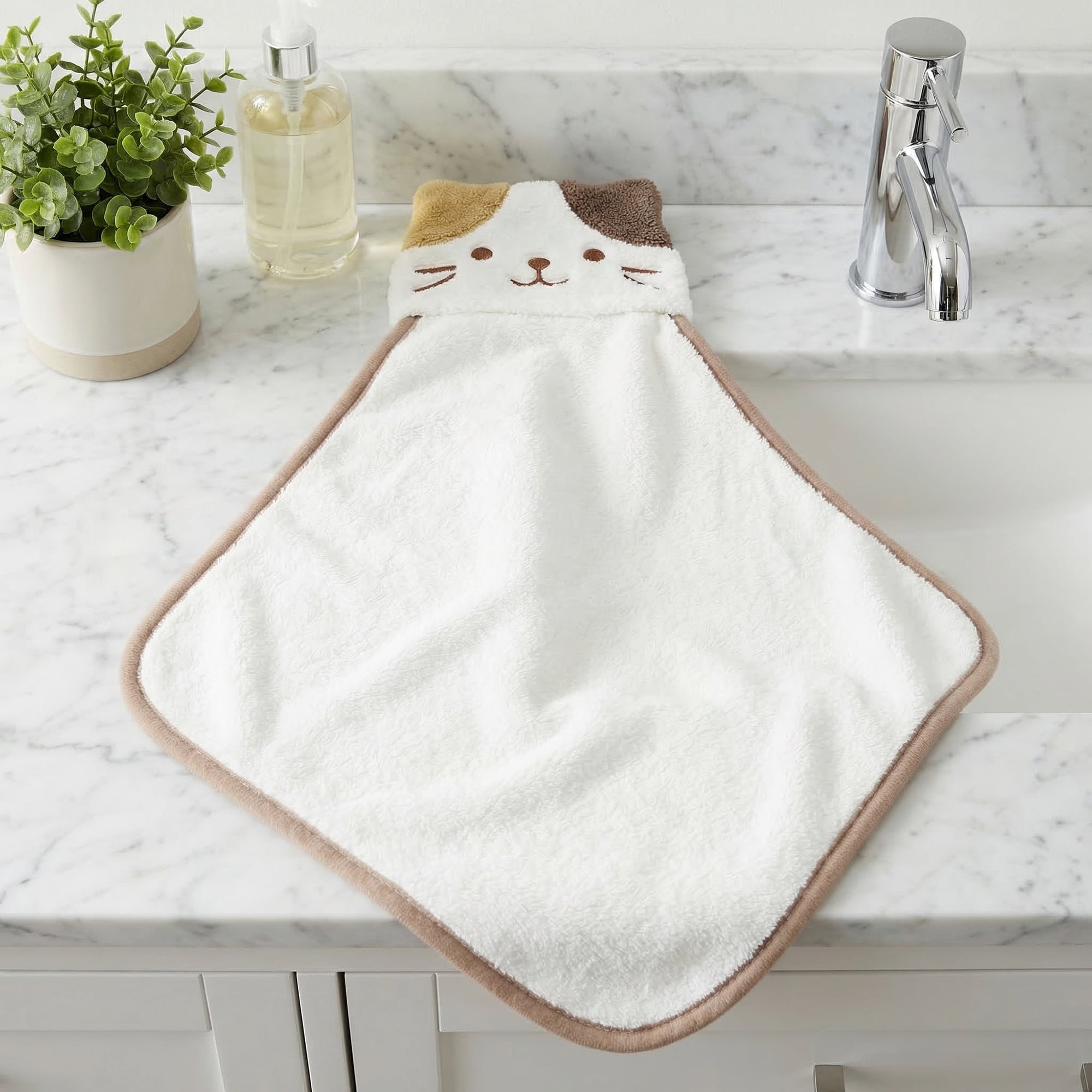 Unique Bargains Animal Hanging Soft Absorbent Hand Towel White Cat/Pink Rabbit 15" x 8"