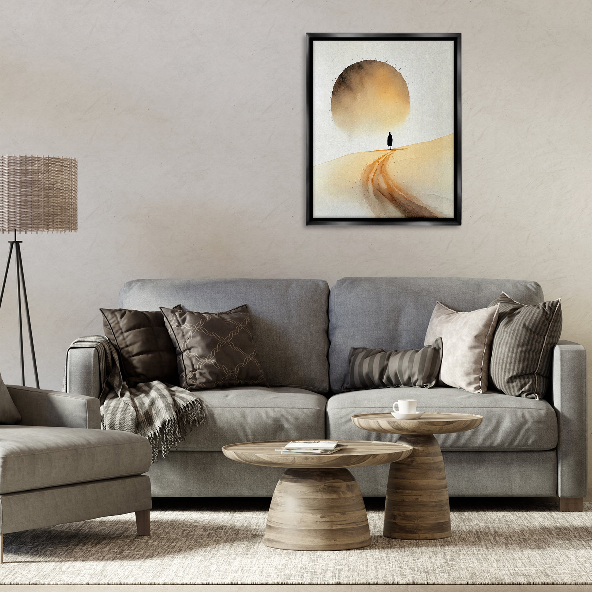 Stupell Industries Person Walking Desert Dunes Landscape Painting Black Floater Framed Canvas Art Print Wall Art, 25 x 31