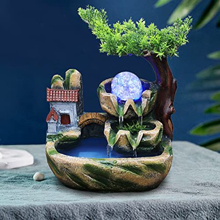 Tabletop Fountain Ornament, 110V Desktop Rockery Ornament with LED Atomizer and Pond, Featuring Waterfall Artificial Trees, Rockery Water Fountains for Home Office Desk Decor (110V-5INCH)
