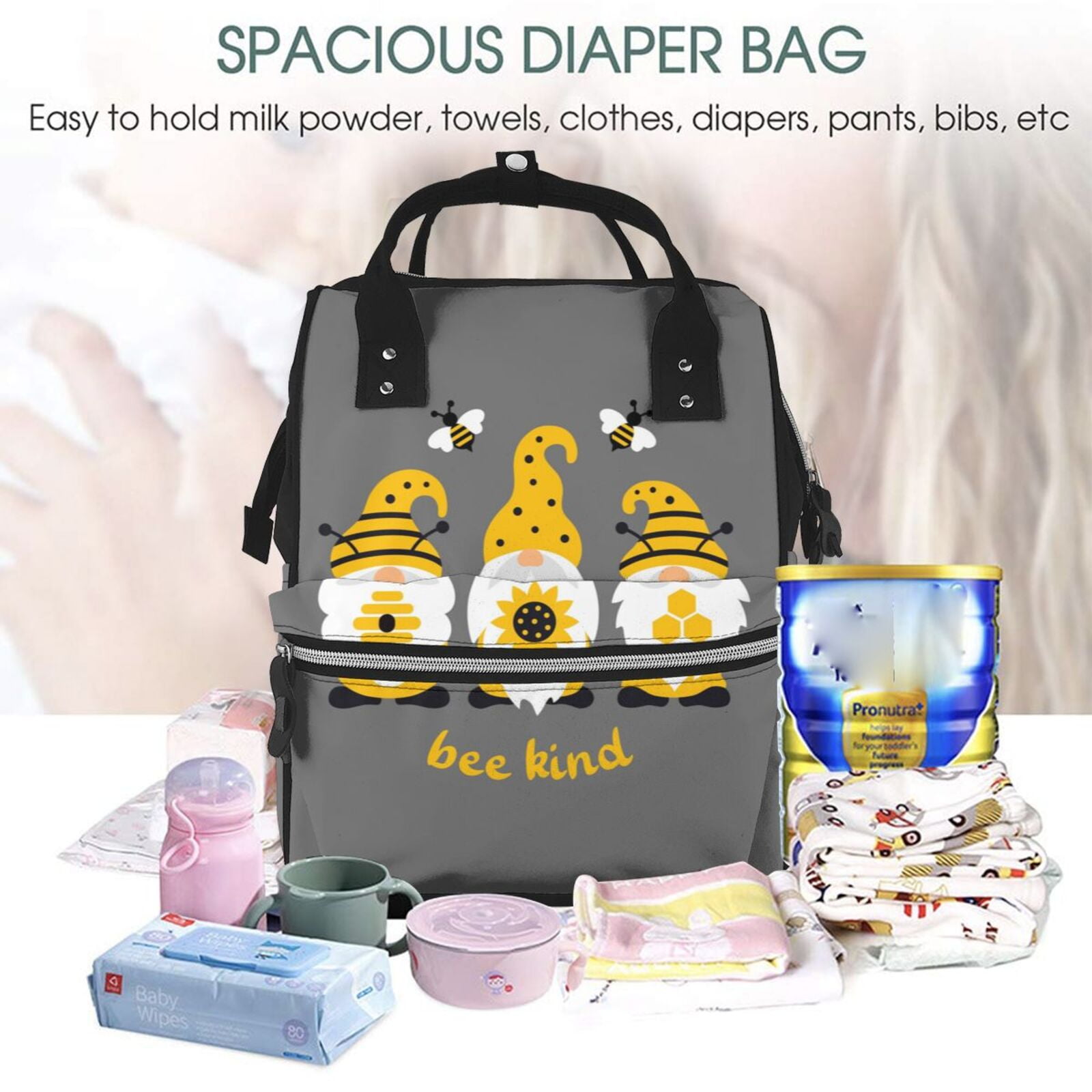 Ratiio Bee Kind Mummy Backpack - Waterproof Twill Canvas, Large Capacity Diaper Bag with Multiple Pockets and Adjustable Straps