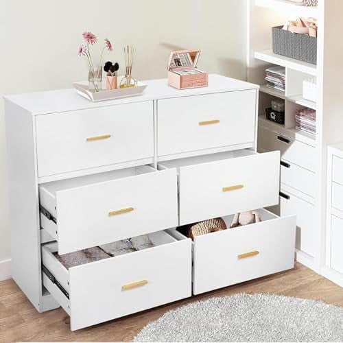 Studyset Drawer Dresser for Bedroom，6 Wooden Drawer Dresser,Modern 6 Chest of Drawers with Deep Drawers,Anti-Tipping Device for Home,Office, Living Room White