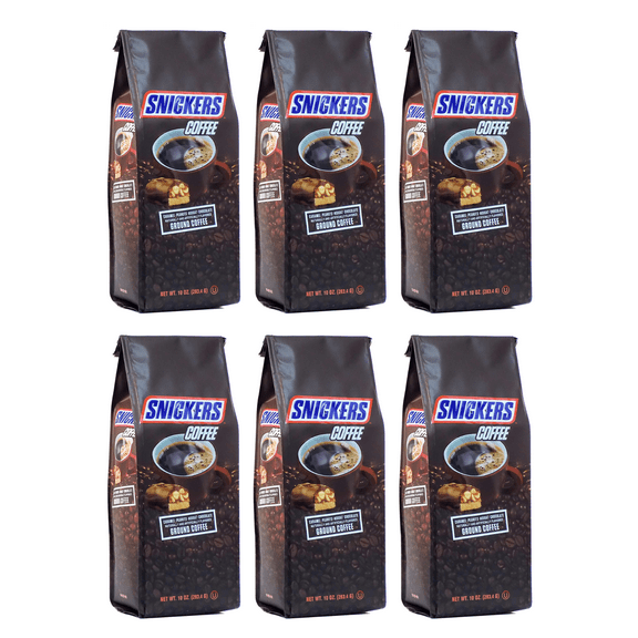 Mars Snickers Caramel, Peanuts, Nougat & Chocolate Medium Roast Ground Coffee, 10 oz Bag, 6-Pack Box