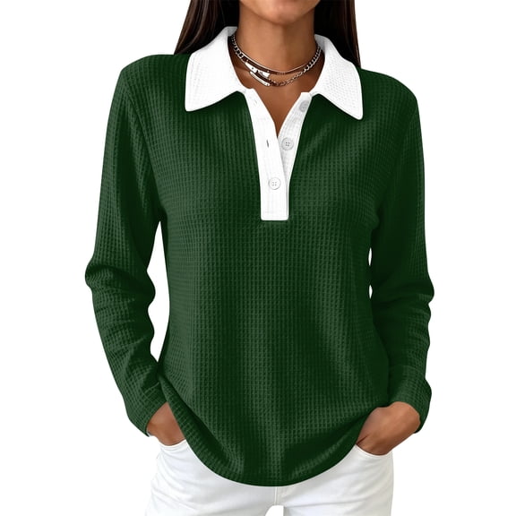 Vxararl Women's Waffle Polos Golf Shirts Fashion Fall Clothes Trendy 2026 Long Sleeve Tops Dressy Fitted Button Shirts Color Block Lightweight Waffle Knit Fabric Dark Green L
