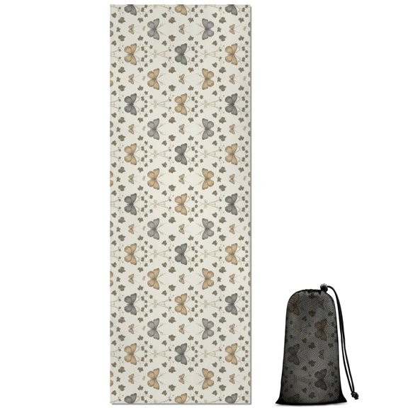 74x26 Inch Yoga Towel, Sweat Absorbent Non-Slip Mat for Hot Yoga, Pilates & Fitness,Butterfly Monochrome Floral Beige Pattern