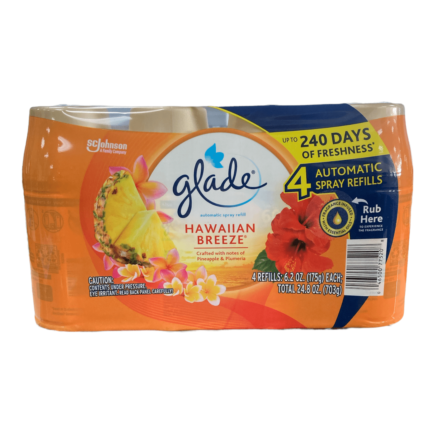 Glade Automatic Spray Air Freshener Refills, Hawaiian Breeze, 4 - 6.2 Ounce Cans