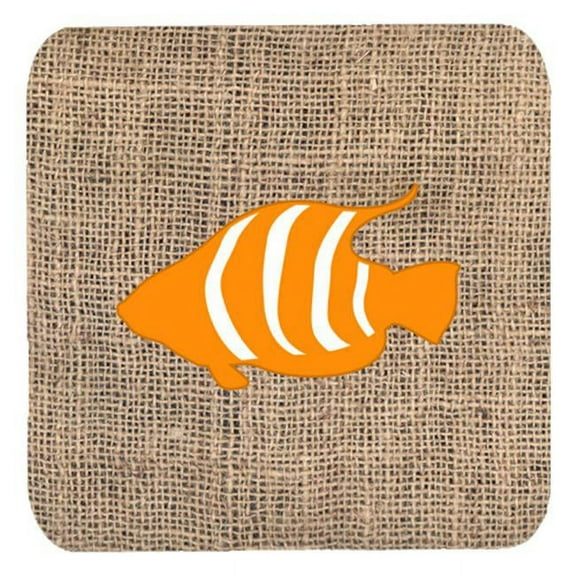 Fish Burlap And Orange Foam Coasters - Set 4, 3.5 x 3.5 In.