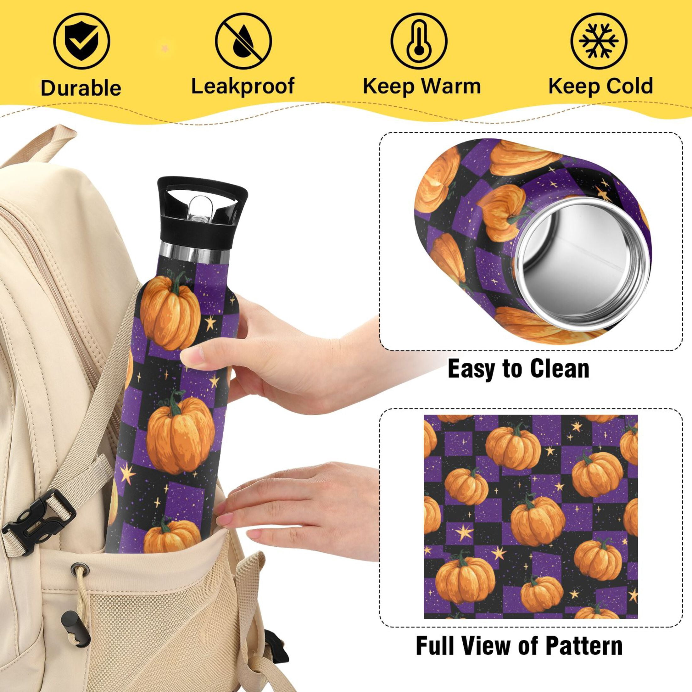 Kids Insulated Stainless Steel Sports Water Bottle 600ml (20oz) Purple Plaid and Pumpkins