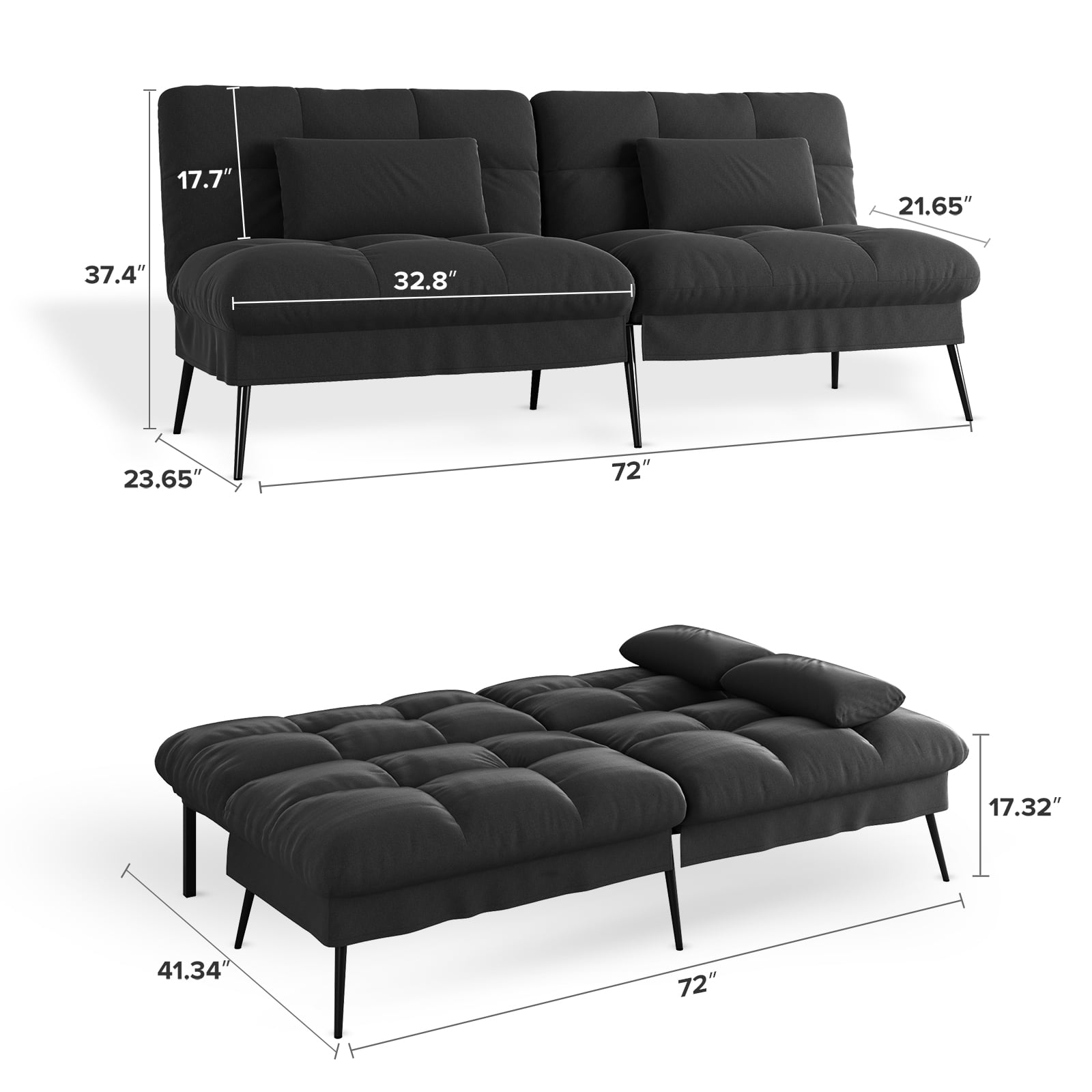 COMHOMA Convertible Futon Sofa Bed Upholstered Futon Couch Fabric Sleeper Sofa, Black