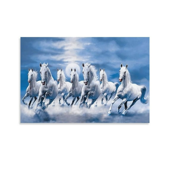 Live It Up Pyramid Mart Lucky White Seven Running Horses In Moon Light Wall Art Poster Scroll Canvas Painting Picture Living Room Decor Home 16x24inch(40x60cm)