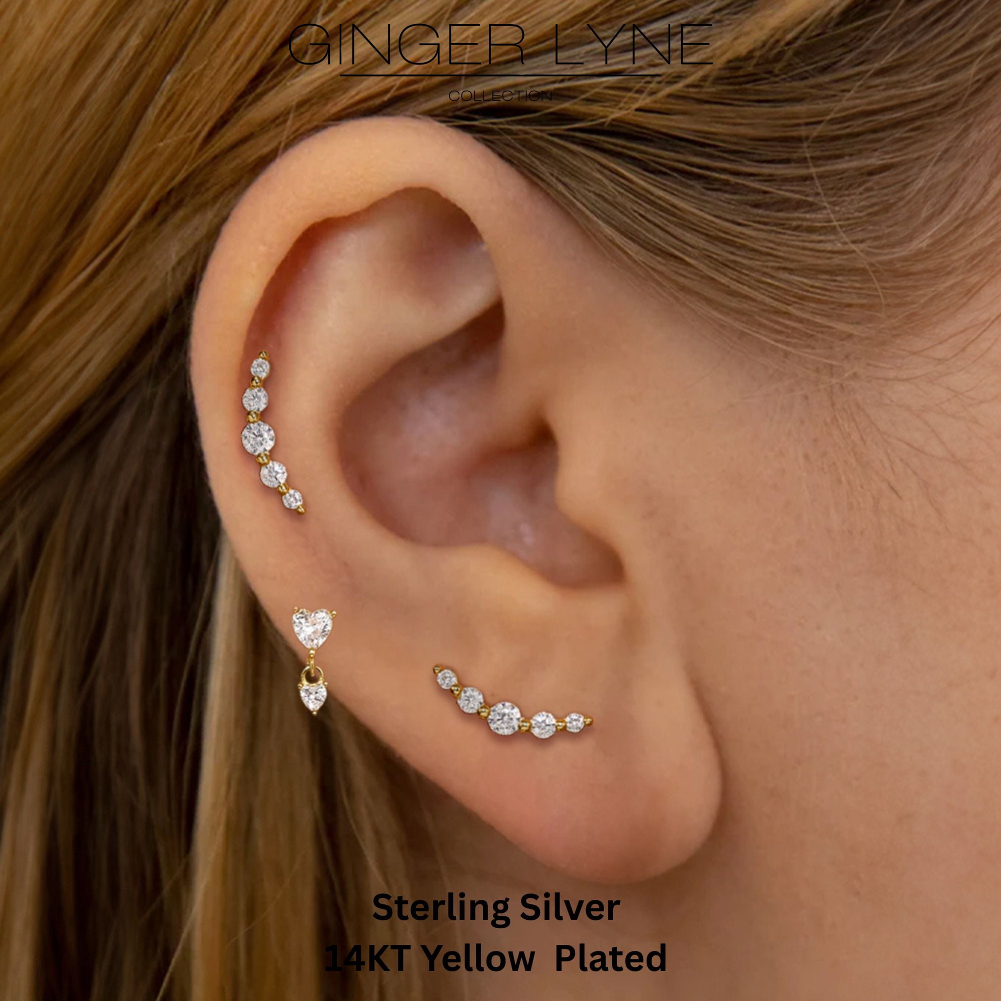 Graduated CZ Crawler Flat Back Earrings for Cartilage Helix Tragus Lobe Gold Plated Sterling Silver 1 pair by Ginger Lyne