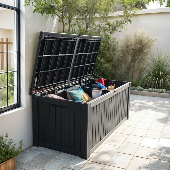 ModFusion 150-Gallon Black Waterproof Outdoor Deck Box & Resin Storage Cabinet with Divider & Bench for Patio and Pool