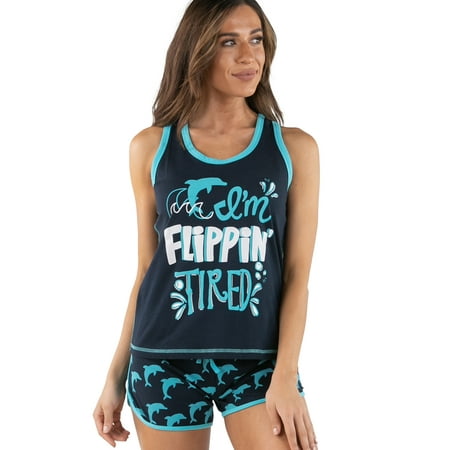 LazyOne Matching Pajamas for Women, Cute Pajama Shorts and Tank Top Set (I'm Flipping Tired, Medium)