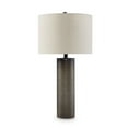 thumbnail image 2 of Benjara 28 Inch Table Lamp, Brown Carved Frosted Glass, White Drum Fabric Shade, 2 of 5