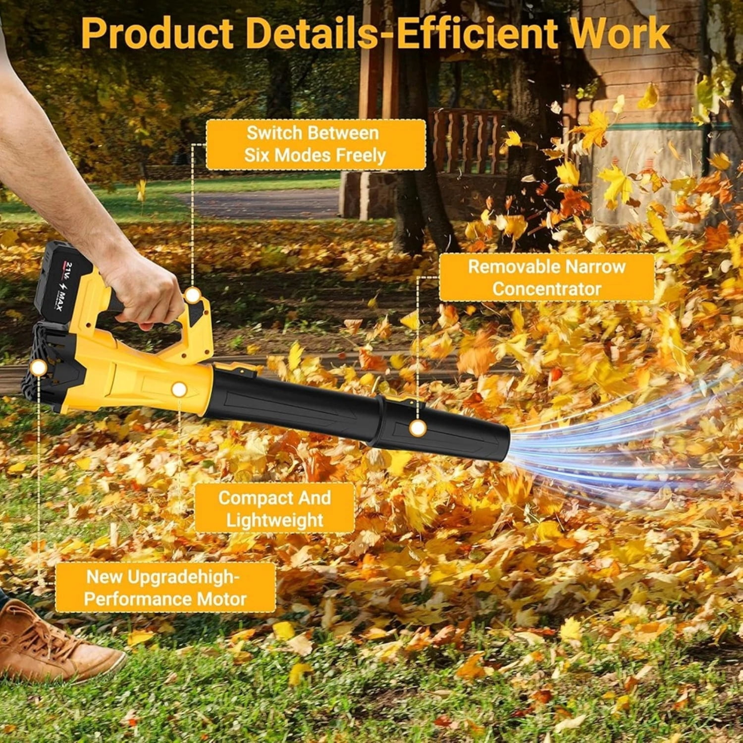 Cordless Leaf Blower with 2 Batteries, 580 CFM 160 MPH, 6 Speed Levels, Lightweight & Ergonomic Design for Wet Leaves, Snow, Debris, Driveway, Patio, Lawn
