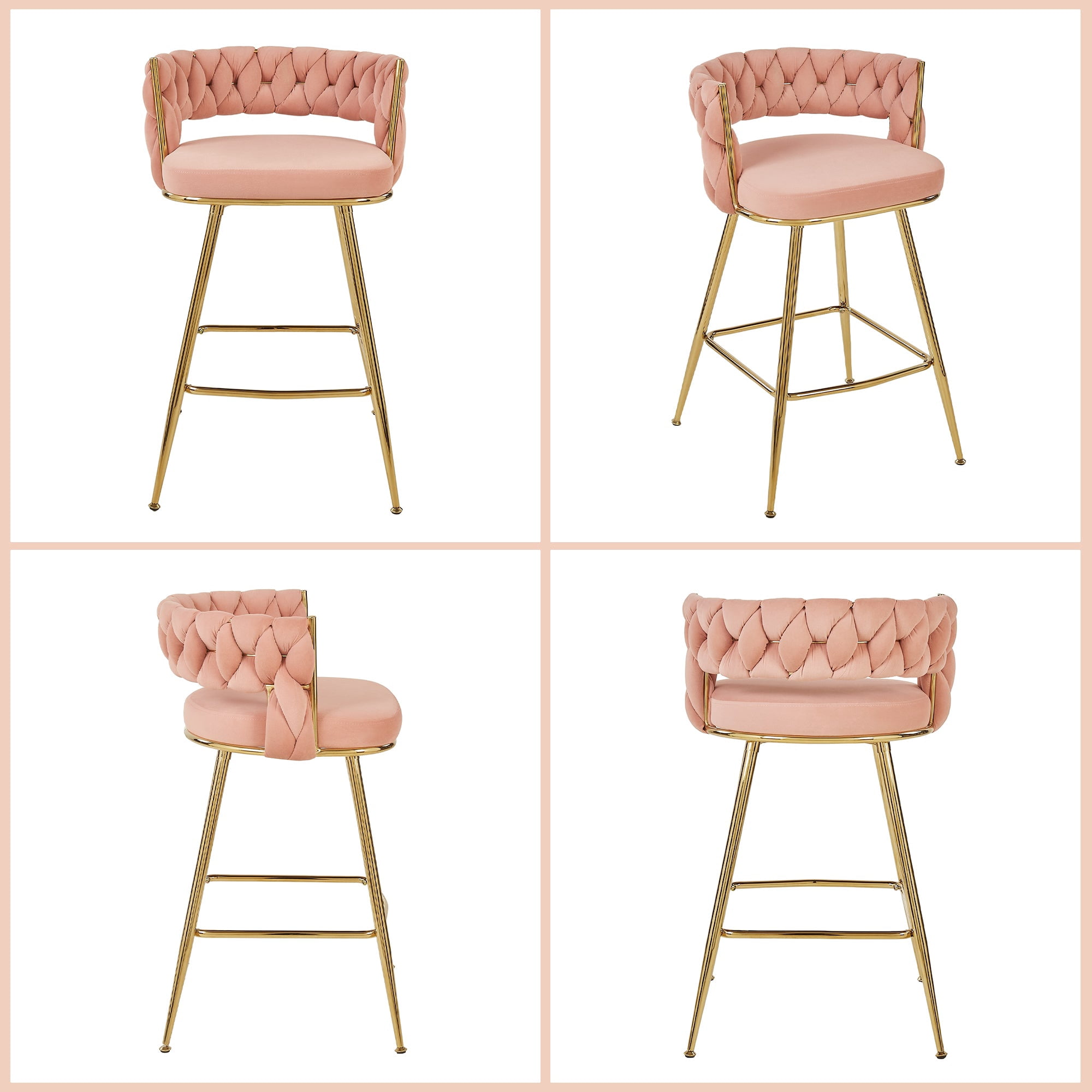 VECELO Modern Braided Bar Stools Set of 2 – Velvet Counter Height Upholstered Stools with Woven Back Support & Footrest, Heavy-Duty Metal Frame Bar Chairs for Kitchen Island,Pink