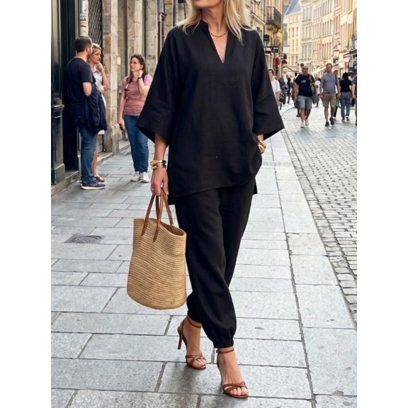 Women's Summer 2 Piece Outfits Lounge Sets Three-quarter Sleeve Top Wide Leg Cropped Pants with Pockets