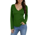 thumbnail image 3 of DDAPJ pyju Womens Deep V Neck Long Sleeve Shirts Ribbed Knit Base Layer T-Shirt Slim Fit Basic Tee Tops Green M, 3 of 8