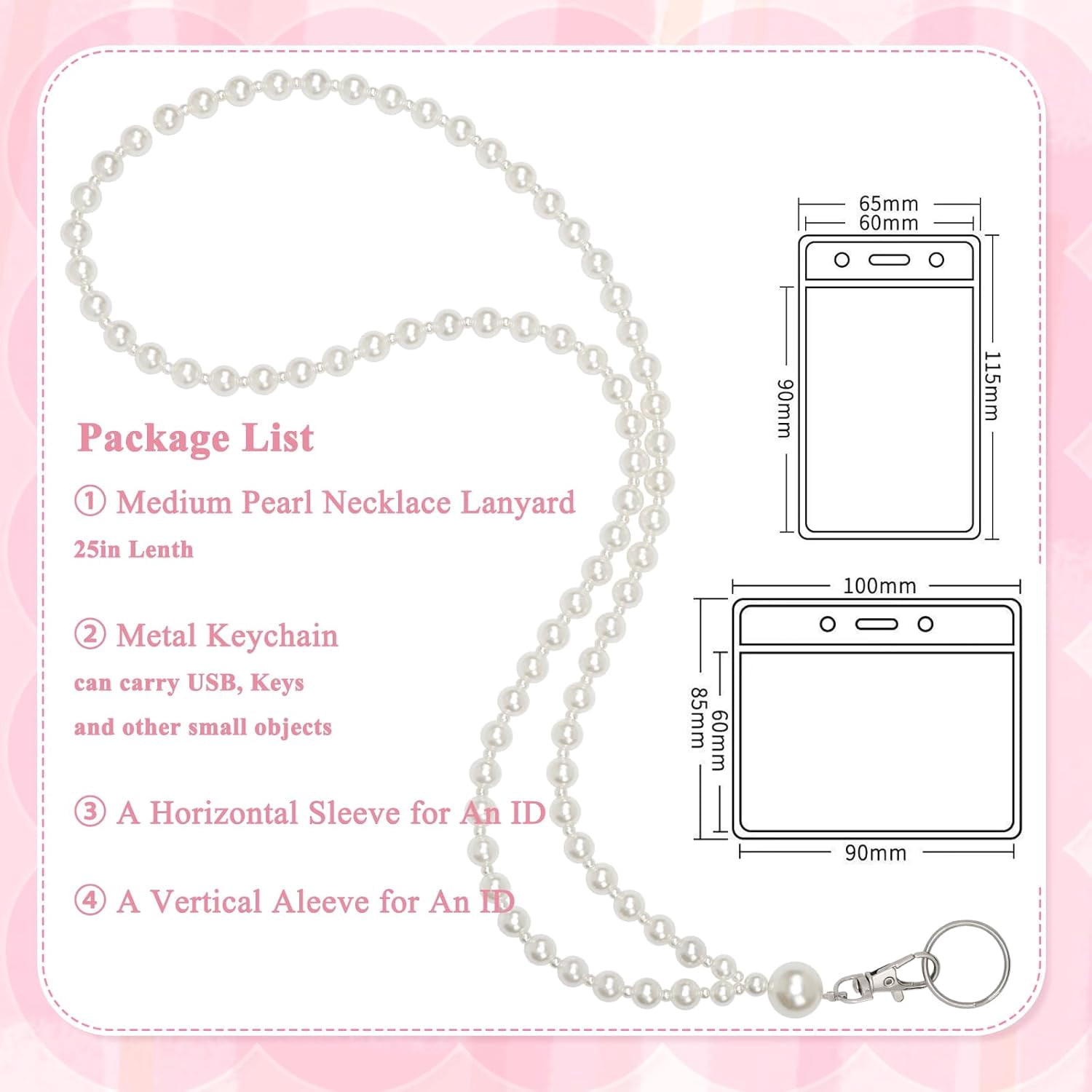 Middle White Pearl Lanyard for Women for ID Badges Name Tag and Keys Light Weight Acrylic Faux Pearls Sweet Teacher Lanyards Holder$$Office