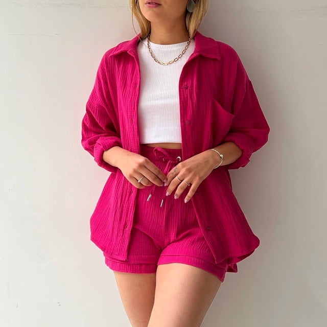 MKLEKYY Conjunto De Camiseta De Manga Larga Lisa Para Mujer, Pantalones Cortos Con Cordón Y Cintura Alta, Informal, Sin Mangas