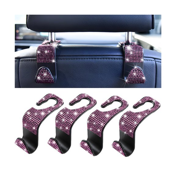 4PCS Bling Car Seat Headrest Hooks,Crystal Rhinestone Vehicle Seat Back Hanger for Grocery Purses Handbags,Diamond Auto Seatback Storage Organizer Hanger,Universal for Most Cars (Pink)