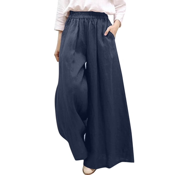 Gibobby pantalones de vestir mujer Pantalones largos de pierna ancha informales sueltos ligeros de cintura alta elásticos para mujer con bolsillo (Azul marino, S)