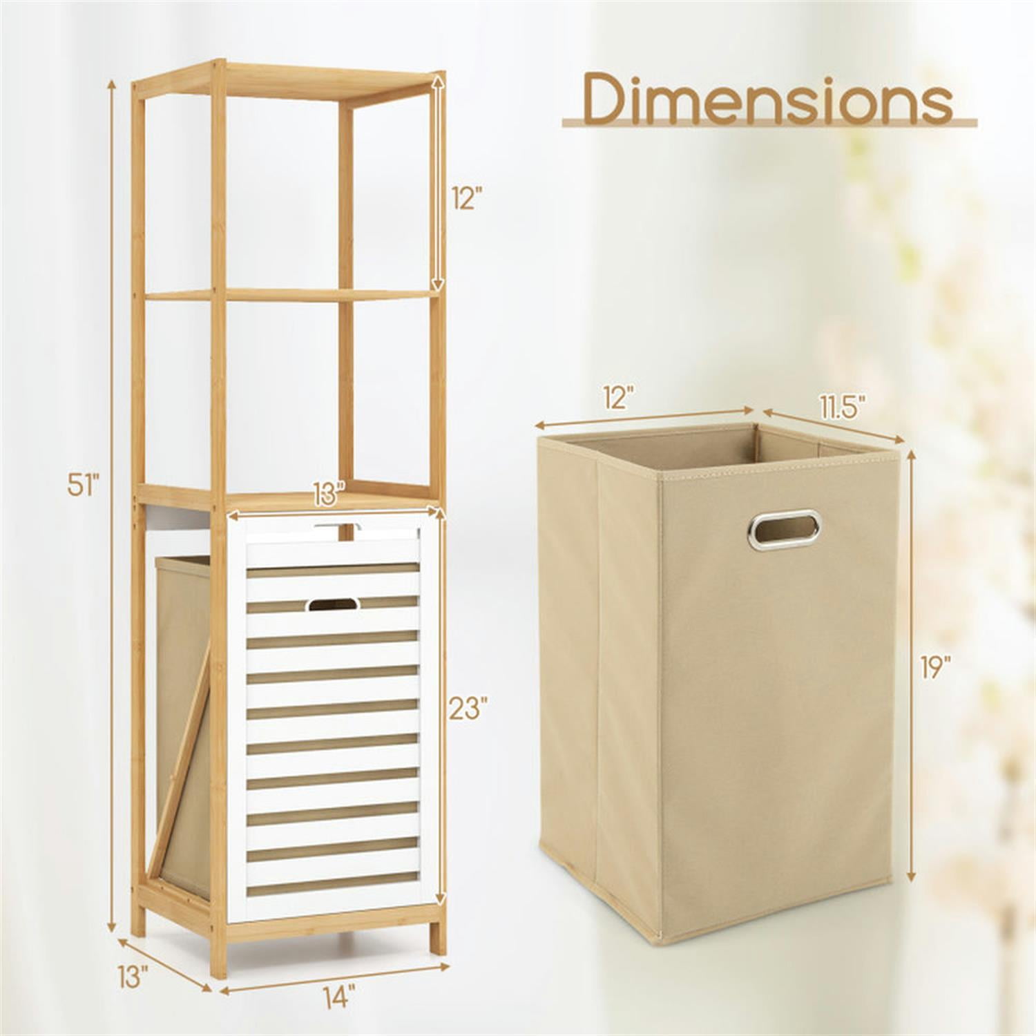 Demi Bonn 4-Tier Bamboo Storage Shelves, Bathroom Storage Shelf with Laundry Hamper, Freestanding Bathroom Cabinet for Living Room/Hallway, Beige