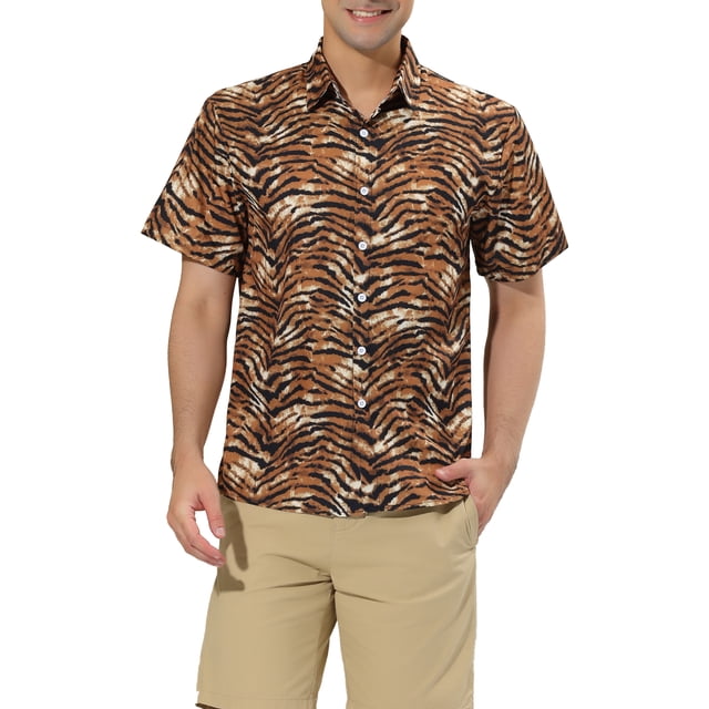 INSPIRE CHIC Men's Animal Print Short Sleeves Casual Summer Printed Shirts L Tiger Print