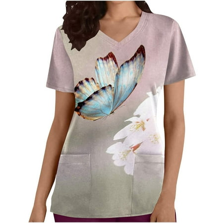 

Women s Nurse Scrub Uniforms Tops with 2 Pockets V-Neck Short Sleeve Butterfly Printed Tunic Uniform Loose Career Shirts