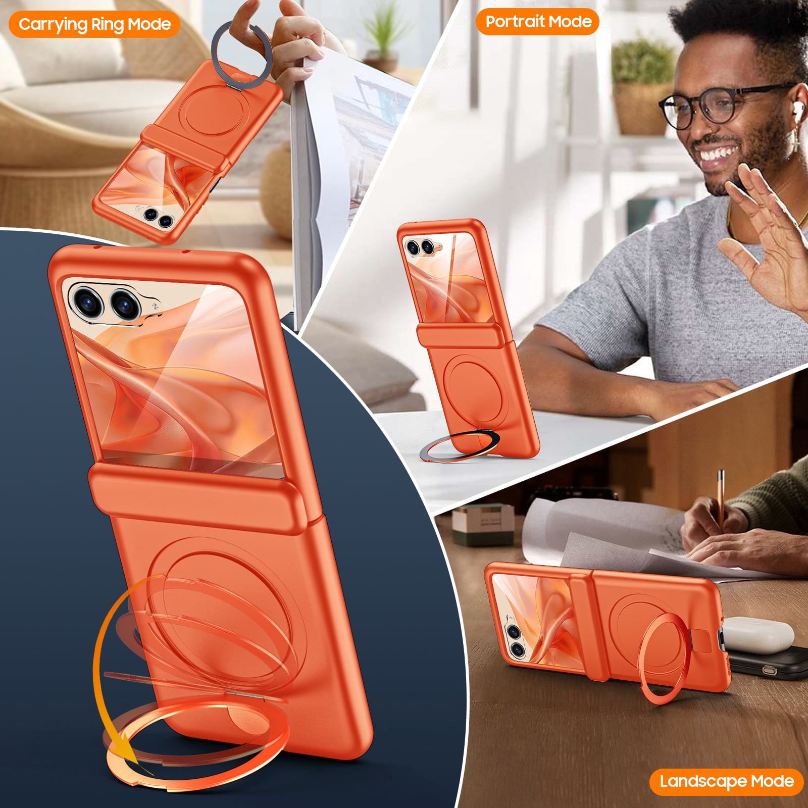 Oupeigar For Motorola Razr 2026/2025/2024 Phone Case,Built-in Screen Protector,Magnetic Ring Stand,Ultra-Thin Full-Body Shockproof Rugged Case-Orange