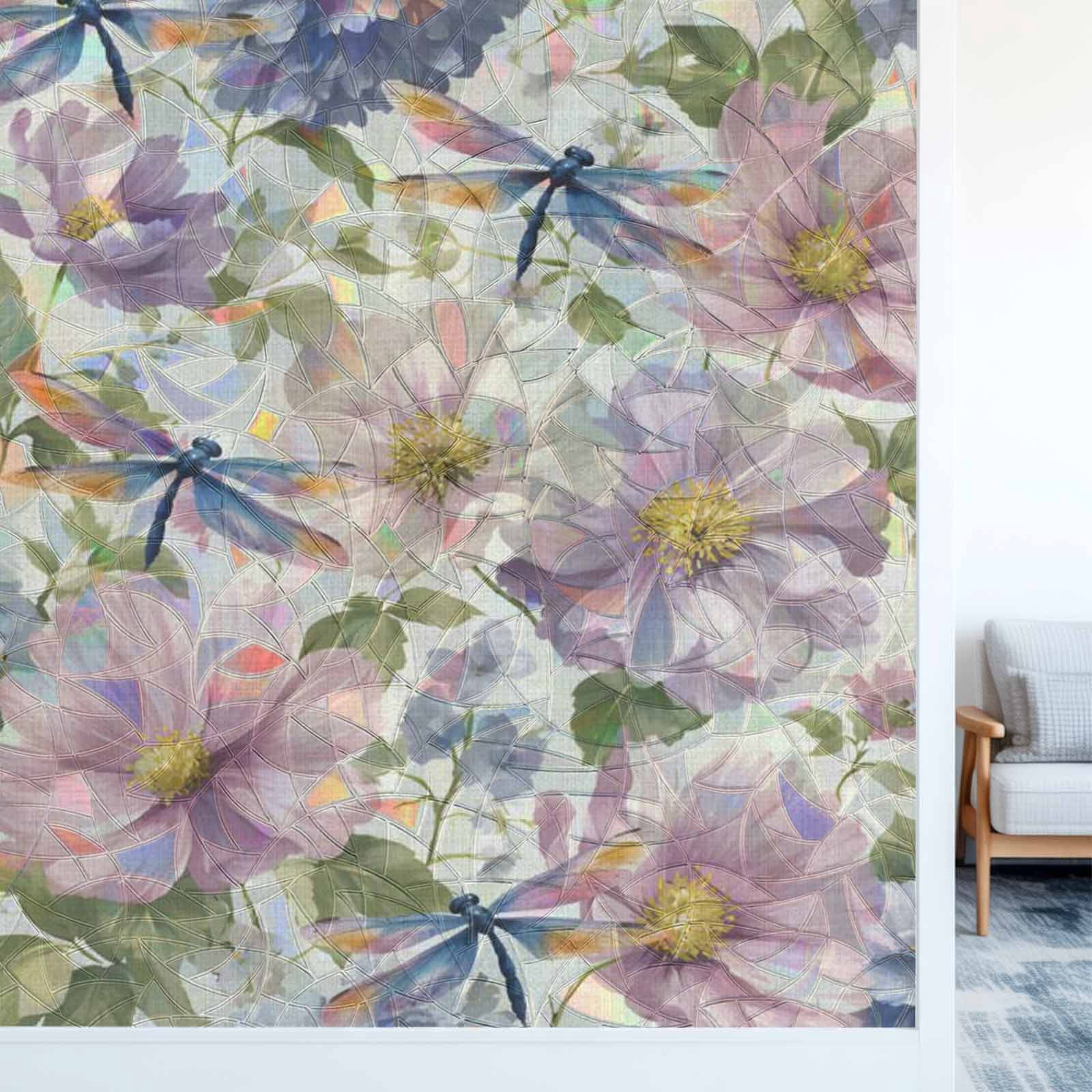 Rainbow Window Privacy Film, Vintage Flowers Static Cling Window Film PVC, Spring Watercolor Floral Dragonflies Beige No Glue UV Blocking Glass Covering, Removable Stained Glass Sticker 23.6''x59''