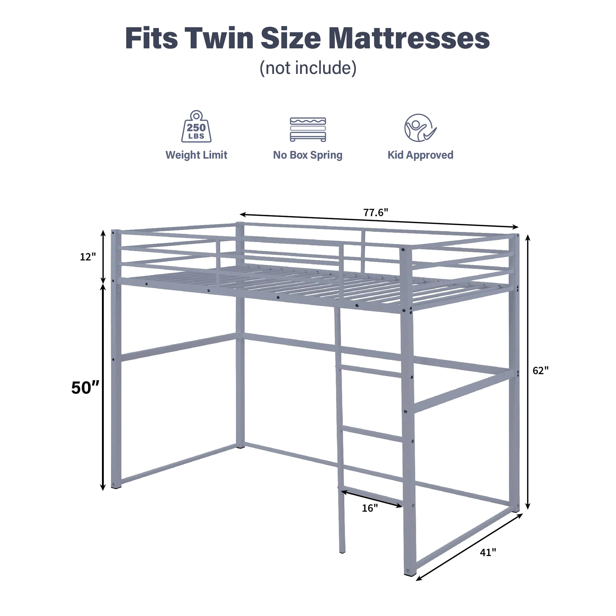 Aukfa Twin Size Metal Loft Bed, Space-Saving Bed with Safety Guard Rails Kids Teens, Gray